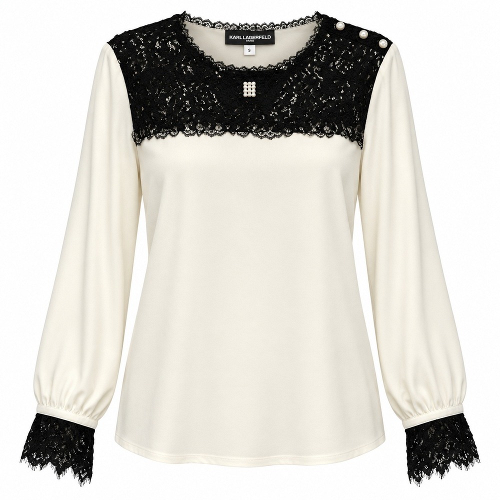 Karl Lagerfeld Coquette Blouse Womens S Old Money Pearlcore Lace Trim Preppy